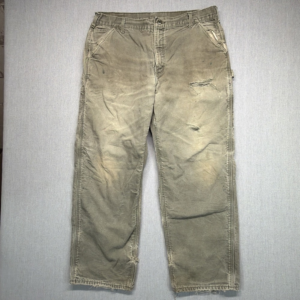 VTG Carhartt B111 MOS Moss Green Flannel Lined Men's 37x29 Made USA Thrashed